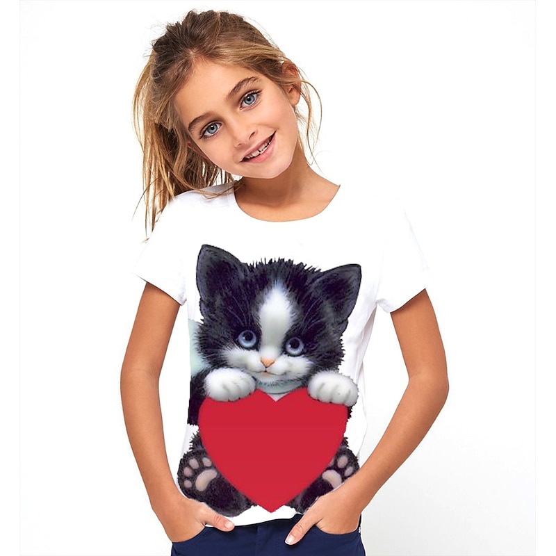 Girls' 3D Animal Cat T shirt Tee Short Sleeve 3D Print Cute Basic Polyester Kids2