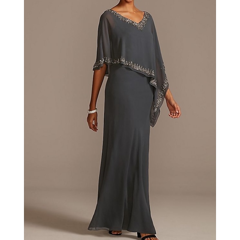 Sheath Mother of the Bride Dress Wedding Guest Elegant V Neck Floor Length Chiffon Half Sleeve with Beading