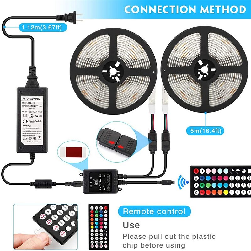 LED Strip Lights Music Sync 300LEDs 10M RGB LED Light Strip For Room Lighting SMD 5050 Color Changing Tape Lights Kit With LED Controller Flexible LED Strip For Home Kitchen DC12V2