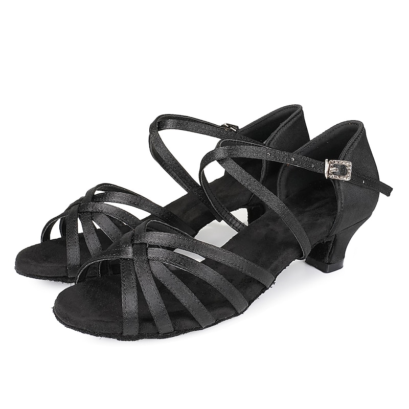 Women's Black Strappy Latin Dance Shoes - Satin Open-Toe Sandals with Low Heel and Suede Sole for Ballroom, Salsa, and Tango2