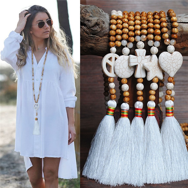 Necklace Long Necklace For Women's Street Birthday Party Beach Stone Wood Tassel