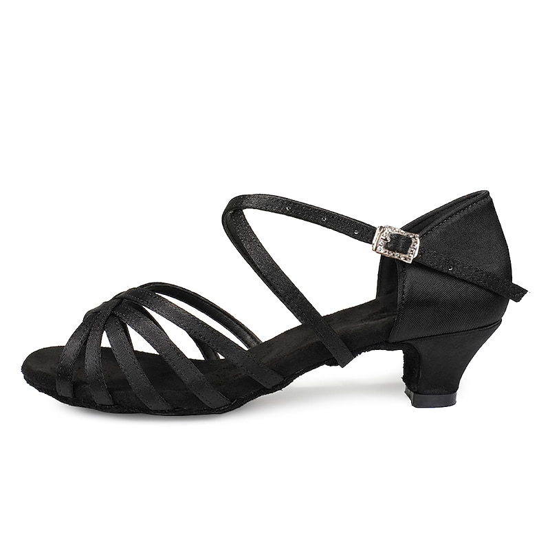 Women's Black Strappy Latin Dance Shoes - Satin Open-Toe Sandals with Low Heel and Suede Sole for Ballroom, Salsa, and Tango4