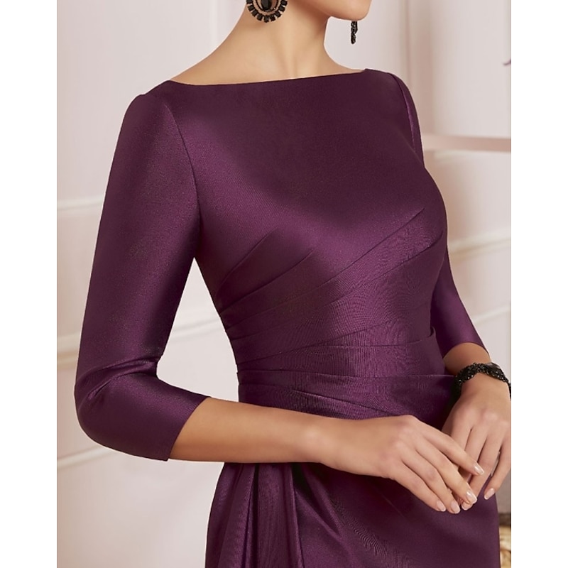 Sheath Mother of the Bride Dress Wedding Guest Elegant Off Shoulder Knee Length Satin 3/4 Length Sleeve with Ruching3