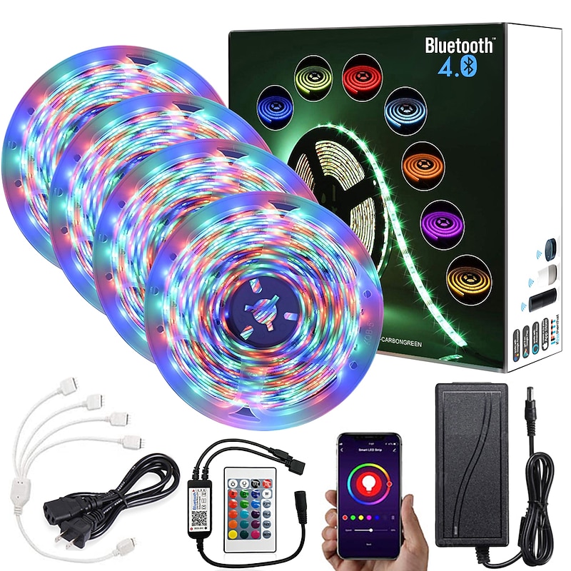 20M (4x5M) App Intelligent Control Bluetooth Music Sync Flexible Led Strip Lights Waterproof 2835 RGB SMD 1080 LEDs IR 24 Key Bluetooth Controller with 12V Adapter Kit
