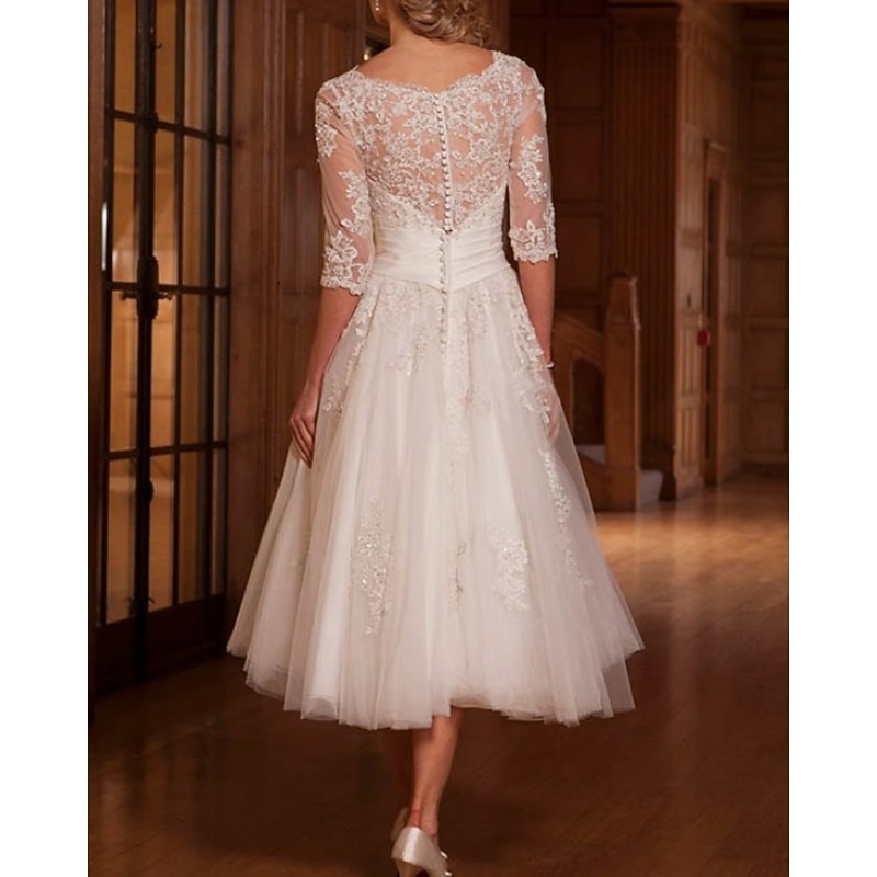 Reception Vintage 1940s / 1950s Little White Dress Bridal Shower Dresses Wedding Dresses A-Line Illusion Neck 3/4 Length Sleeve Tea Length Lace Bridal Gowns With Appliques2