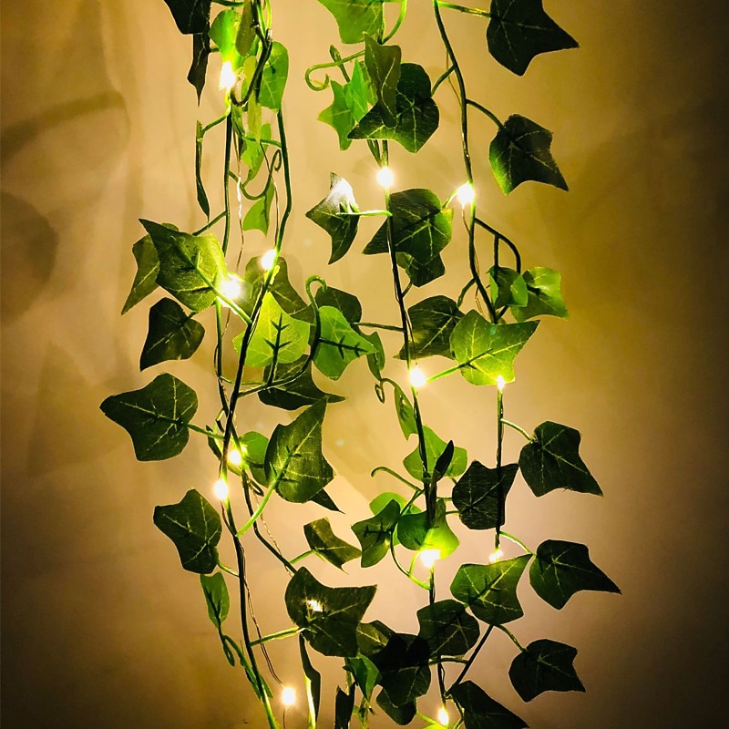 Elegant Wedding Reception Party 2M 20LED Artificial Ivy Garland Fake Plants LED Fairy String Light Hanging Leaf for Home Wedding Party Decor Hanging Garden Yard (without battery)2