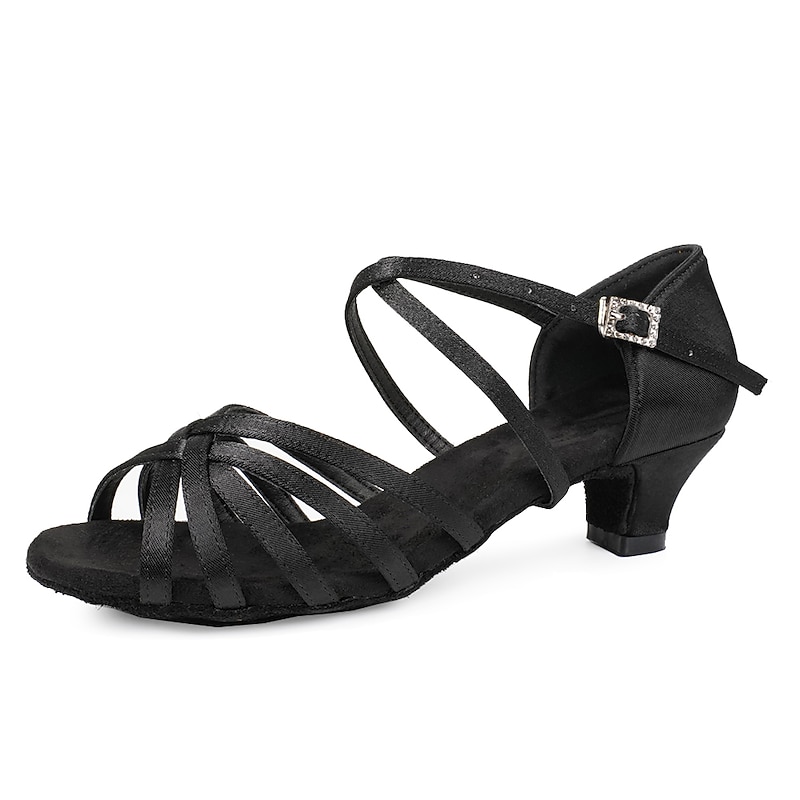 Women's Black Strappy Latin Dance Shoes - Satin Open-Toe Sandals with Low Heel and Suede Sole for Ballroom, Salsa, and Tango