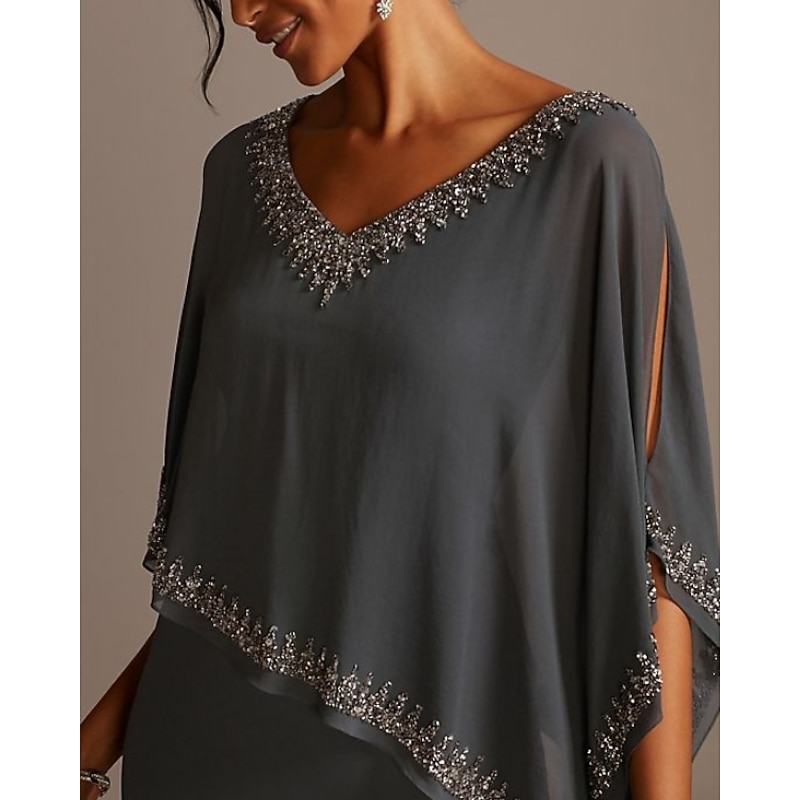 Sheath Mother of the Bride Dress Wedding Guest Elegant V Neck Floor Length Chiffon Half Sleeve with Beading3