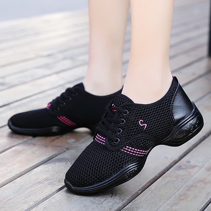 Women's Black Mesh Dance Sneakers - Lightweight Lace-Up Shoes with Pink Accents and Cushioned Soles for Jazz, Fitness, and Zumba Workouts2