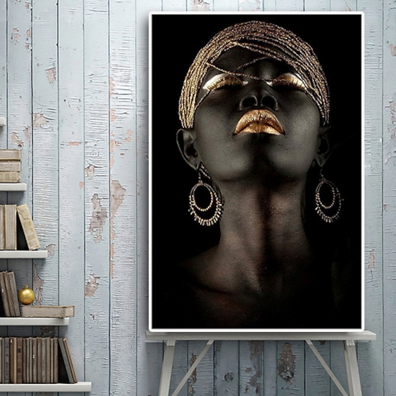 Wall Art Canvas Prints Posters Painting Artwork Picture African American Gold Earrings Necklace Black Pretty Girl Home Decoration Décor Rolled Canvas No Frame Unframed Unstretched3
