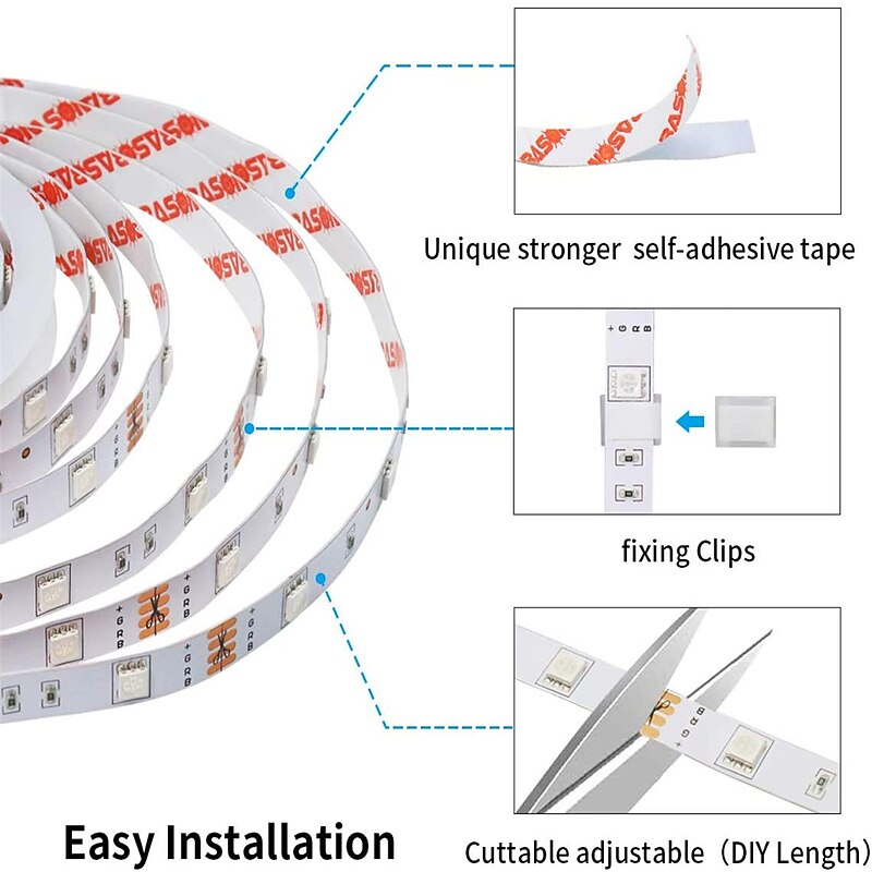 LED Strip Lights Music Sync 300LEDs 10M RGB LED Light Strip For Room Lighting SMD 5050 Color Changing Tape Lights Kit With LED Controller Flexible LED Strip For Home Kitchen DC12V4
