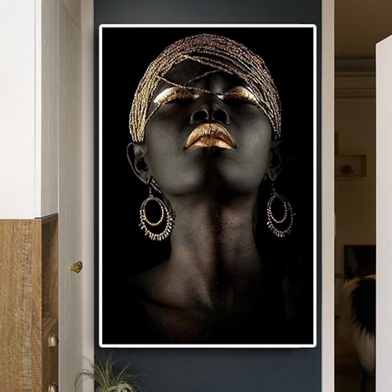 Wall Art Canvas Prints Posters Painting Artwork Picture African American Gold Earrings Necklace Black Pretty Girl Home Decoration Décor Rolled Canvas No Frame Unframed Unstretched4