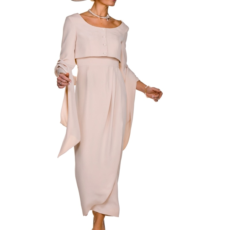 Two Piece Sheath Mother of the Bride Dress Wedding Guest Elegant Square Neck Ankle Length Stretch Fabric Sleeveless Short Jacket Dresses with Buttons Pleats Race Day Dress4