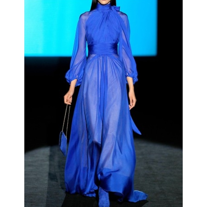 Sheath Evening Gown Elegant Dress Wedding Guest Holiday Floor Length 3/4 Length Sleeve High Neck Chiffon with Pleats