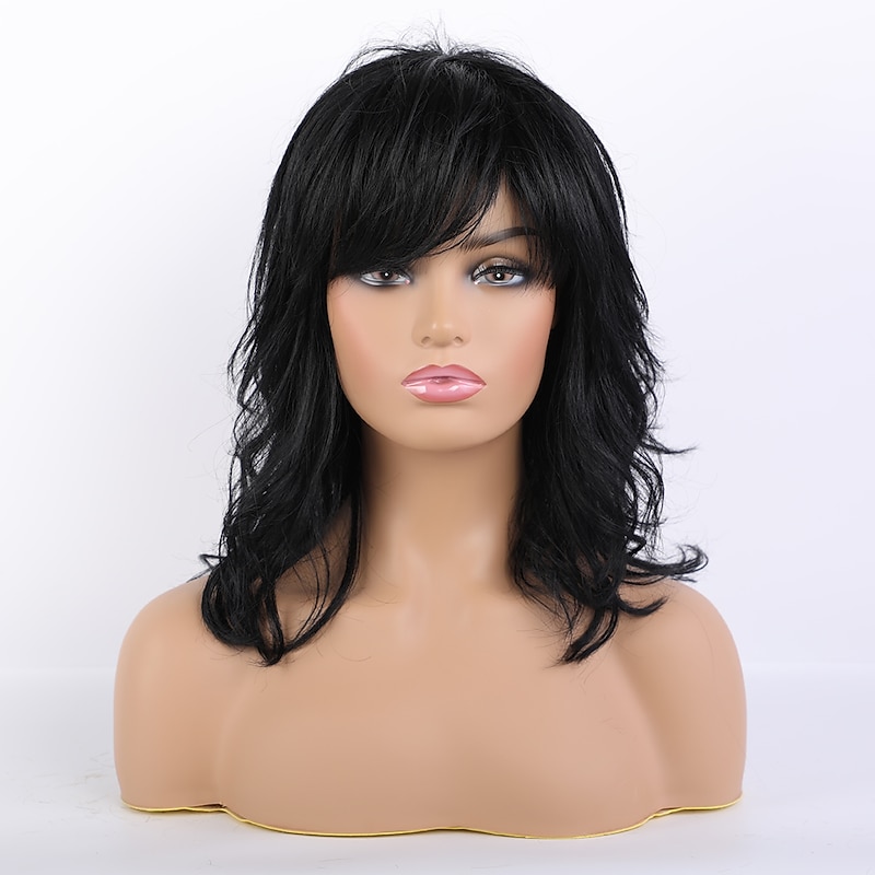 Remy Human Hair Wig Long Natural Wave Side Part Layered Haircut Asymmetrical With Bangs Black Women Fashion Natural Hairline Capless Women's All Natural Black #1B 16 inch3