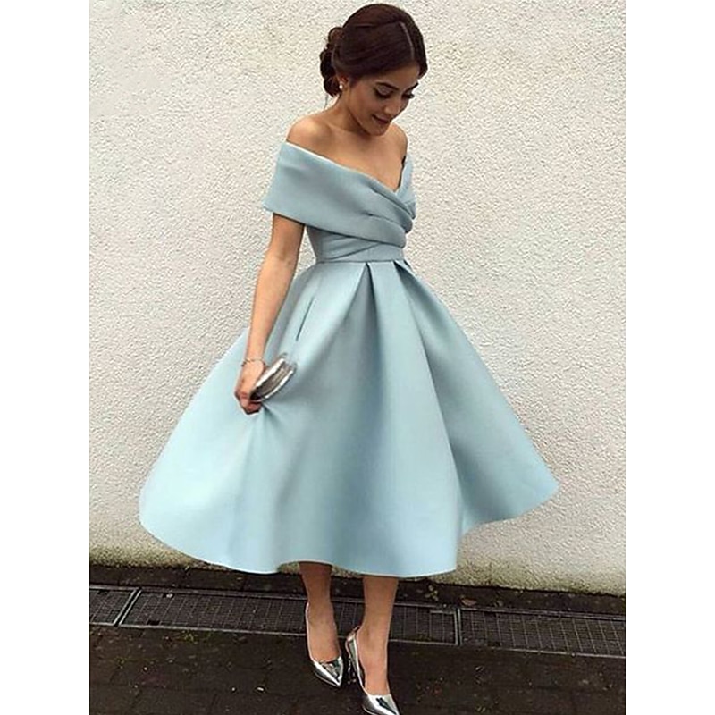 Beach Wedding A-Line Cocktail Dresses Elegant Dress Wedding Guest Homecoming Tea Length Short Sleeve V Neck Stretch Fabric V Back with Pleats Dresses
