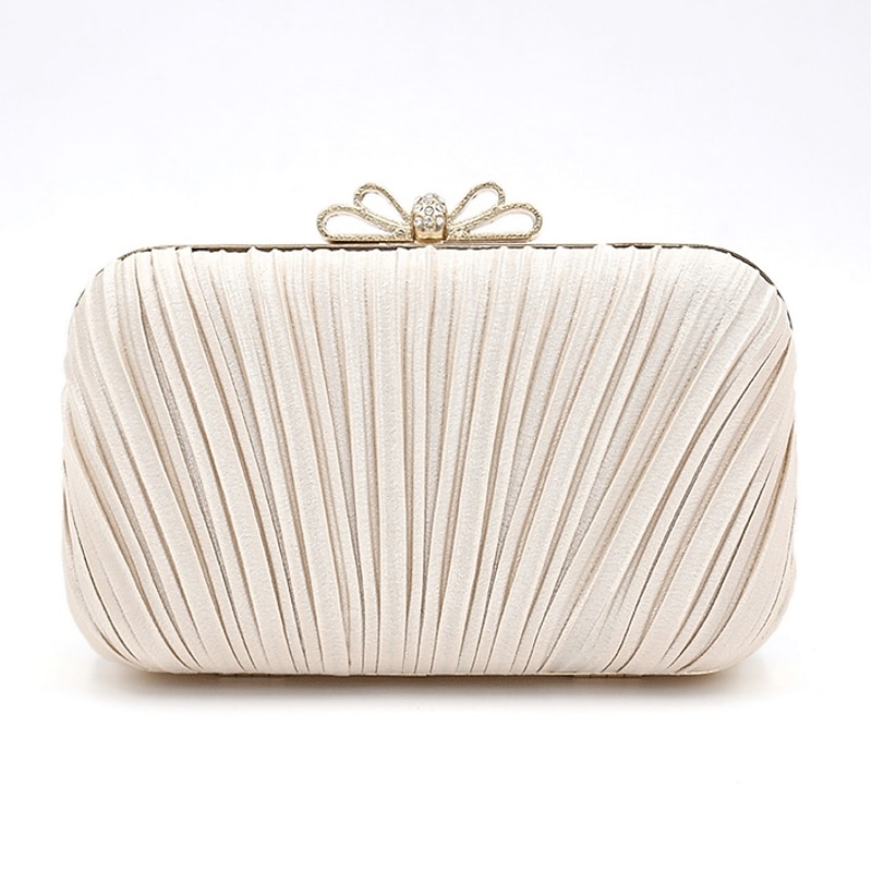 Women's Elegant White Pleated Clutch Bag – Rhinestone Bow Evening Handbag for Weddings, Parties, and Formal Events