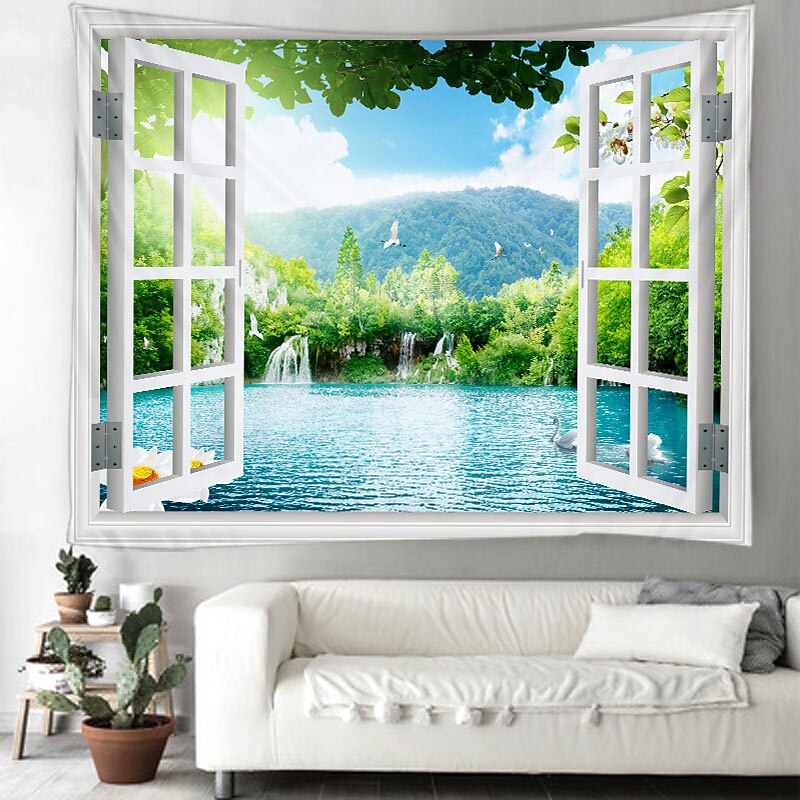 Window Landscape Wall Tapestry Art Decor Blanket Curtain Picnic Tablecloth Hanging Home Bedroom Living Room Dorm Decoration Polyester Lake Rive Forest Mountain4