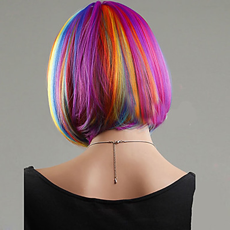 Cosplay Costume Wig Synthetic Wig Straight Bob Neat Bang With Bangs Wig Short Black Black / Red Rainbow Synthetic Hair 12 inch Women's Women Synthetic Sexy Lady Black Mixed Halloween Wigs4
