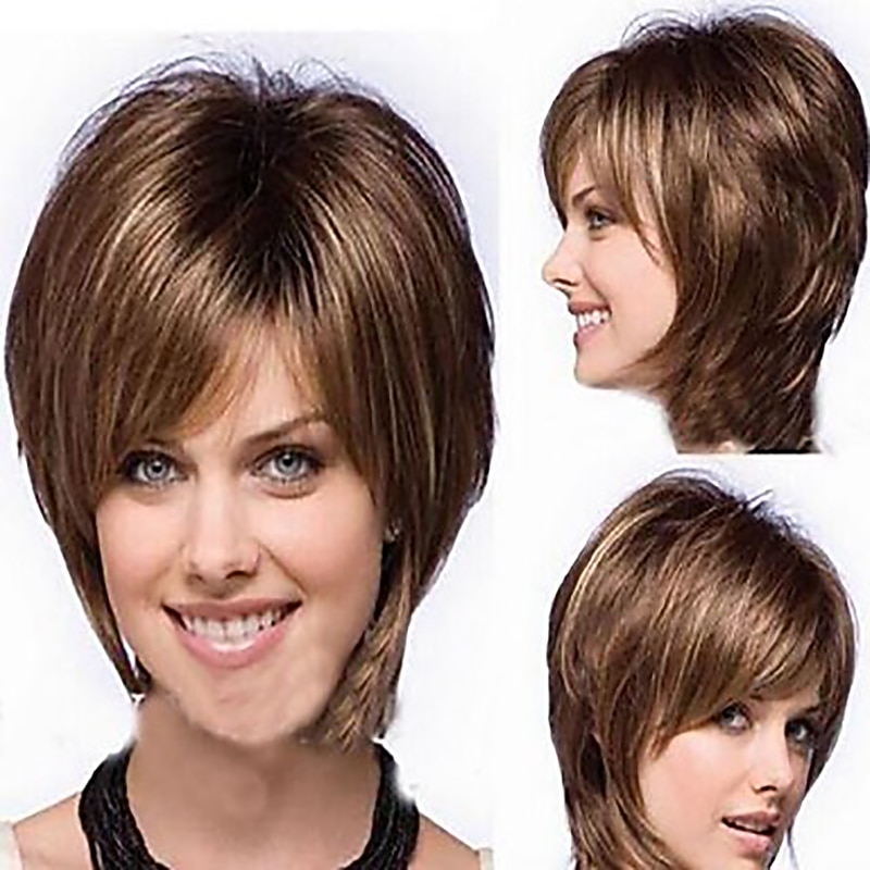 Synthetic Wig Straight Bob Pixie Cut Middle Part Wig Short Brown Golden Brown / Ash Blonde Synthetic Hair 10 inch Women's Women Synthetic Best Quality Brown Mixed Color hairjoy2