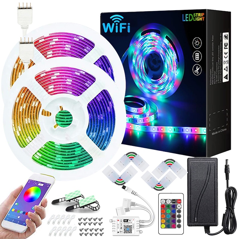 Smart SMD 5050 LED Strip Light WIFI App RGB Control Music Sync Work with Alexa Google 2x7.5M 50ft Colour Changing Home Kitchen TV Party with 24-Key Remote Sensitive Built-in Mic DC12V2