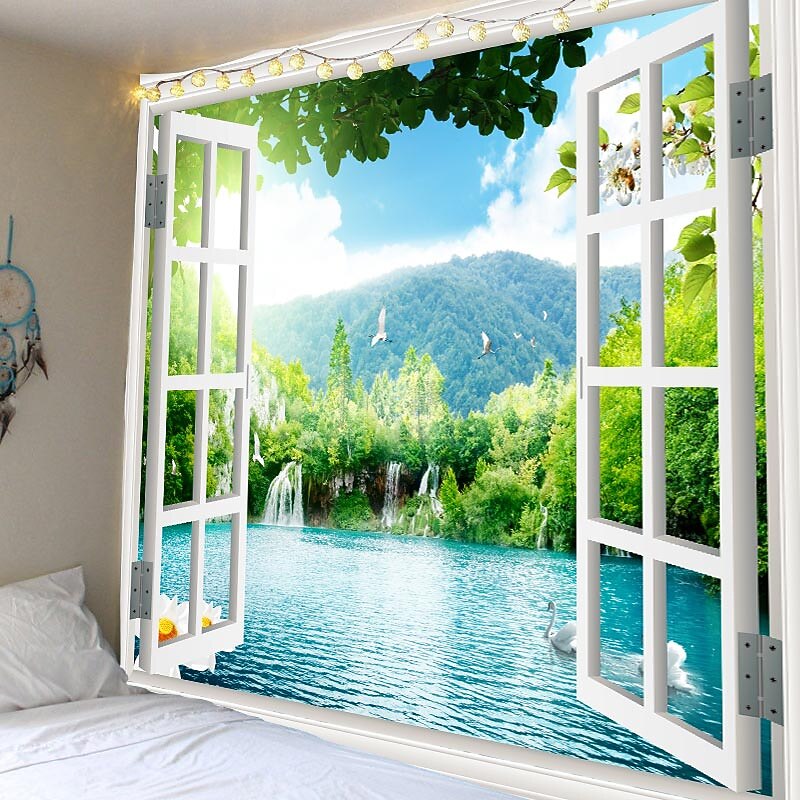 Window Landscape Wall Tapestry Art Decor Blanket Curtain Picnic Tablecloth Hanging Home Bedroom Living Room Dorm Decoration Polyester Lake Rive Forest Mountain