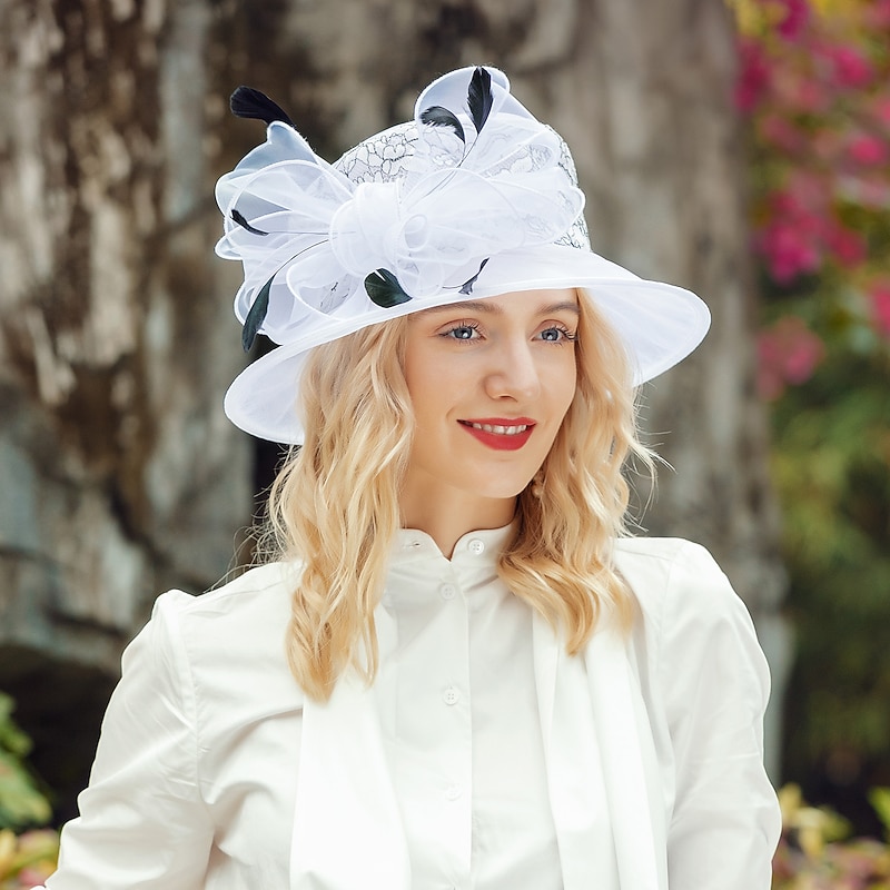 Hats Organza Bucket Hat Wedding Party / Evening Melbourne Cup Cocktail Royal Astcot Headwear Elegant With Feather Bowknot Headpiece Headwear2