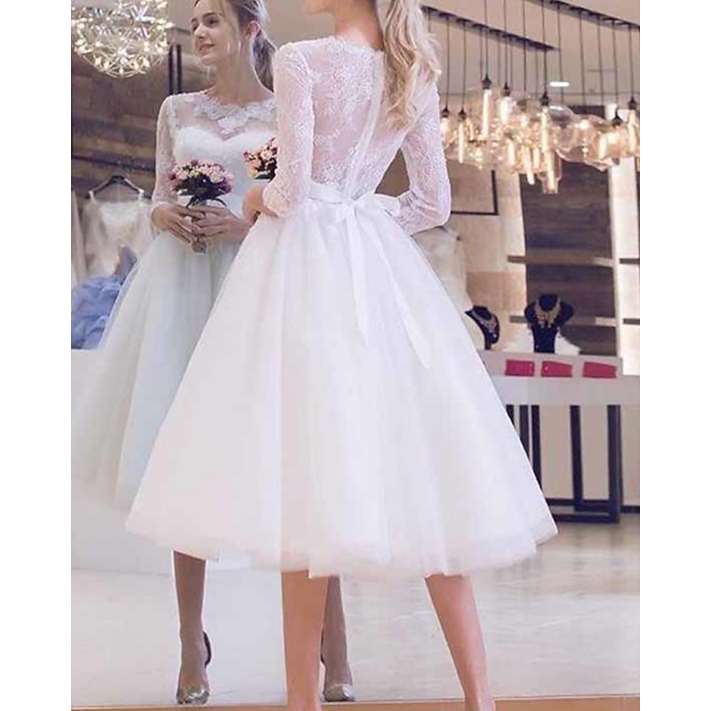 Reception Vintage 1940s / 1950s Little White Dress Bridal Shower Dresses Wedding Dresses A-Line Illusion Neck 3/4 Length Sleeve Tea Length Lace Bridal Gowns With Sashes / Ribbons Appliques2