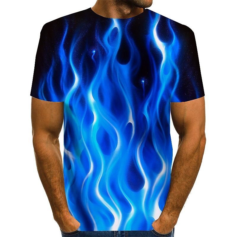 Men's Graphic Hellfire Flames Flame Shirt T Shirt Short Sleeve T shirt Round Neck Shirt Exaggerated Basic Daily Blue Purple Orange Clothing Apparel Normal S M L XL 2XL 3XL3