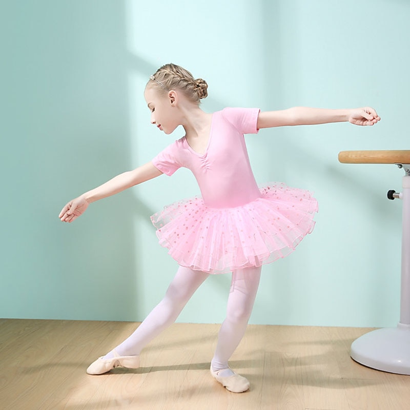 Ballet Dress Lace Ruching Split Joint Girls' Training Performance Short Sleeve High Spandex Lace3