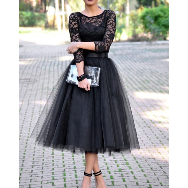 A-Line Cocktail Dresses Elegant Dress  Ankle Length 3/4 Length Sleeve Jewel Neck Fall Wedding Guest Tulle with Pleats Lace Insert Dresses