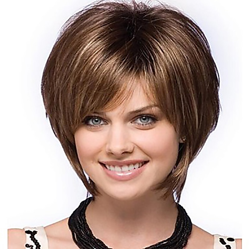 Synthetic Wig Straight Bob Pixie Cut Middle Part Wig Short Brown Golden Brown / Ash Blonde Synthetic Hair 10 inch Women's Women Synthetic Best Quality Brown Mixed Color hairjoy3