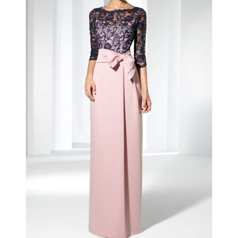 Sheath Mother of the Bride Dress Wedding Guest Elegant Jewel Neck Floor Length Satin Lace 3/4 Length Sleeve with Bow(s)