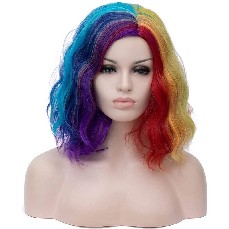 Ombre Short Bob Synthetic Wig Blue Purple Rainbow Colorful Straight Hair Middle Part Cosplay Heat Resistant Fiber For Women Pride Outfits Halloween Wigs3