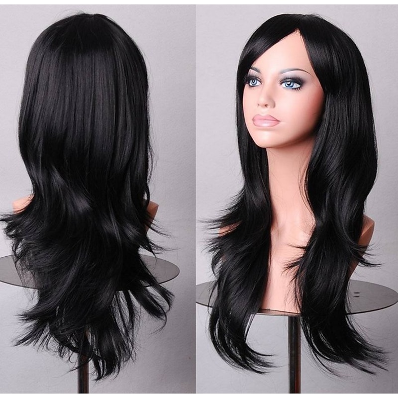 Synthetic Wig Curly Natural Wave With Bangs Wig Long Light golden Silver grey Brown Blonde Pink Synthetic Hair 28 inch Women's Anime Cute Party Red Blue Halloween Wigs