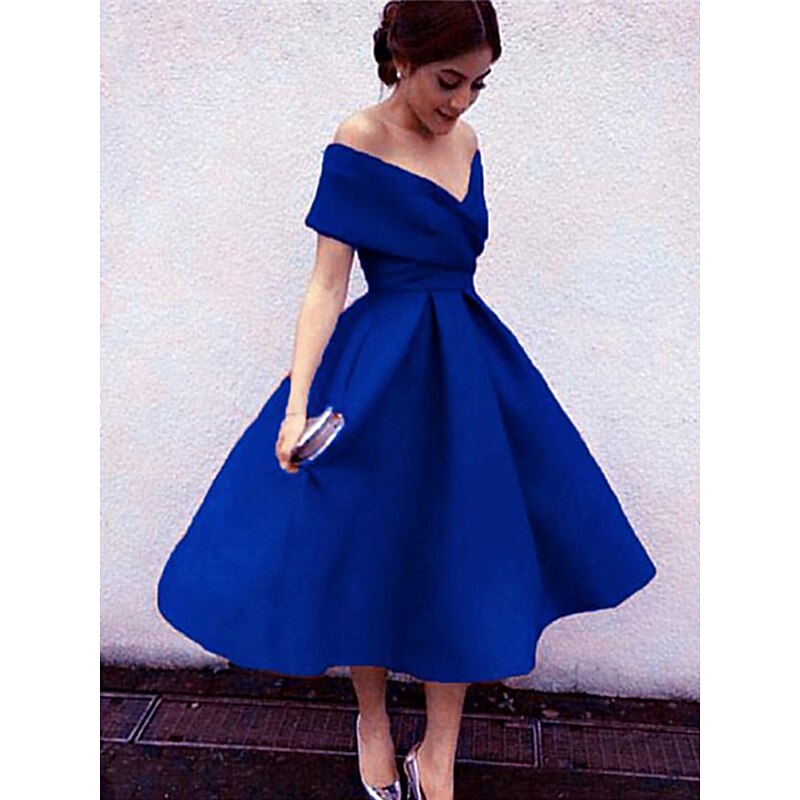 Beach Wedding A-Line Cocktail Dresses Elegant Dress Wedding Guest Homecoming Tea Length Short Sleeve V Neck Stretch Fabric V Back with Pleats Dresses3
