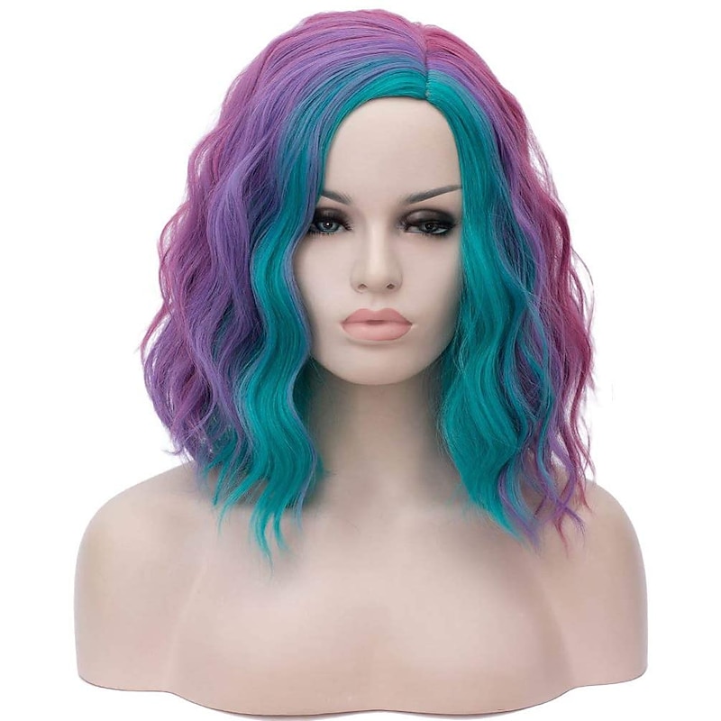 Ombre Short Bob Synthetic Wig Blue Purple Rainbow Colorful Straight Hair Middle Part Cosplay Heat Resistant Fiber For Women Pride Outfits Halloween Wigs2