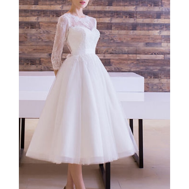 Reception Vintage 1940s / 1950s Little White Dress Bridal Shower Dresses Wedding Dresses A-Line Illusion Neck 3/4 Length Sleeve Tea Length Lace Bridal Gowns With Sashes / Ribbons Appliques4