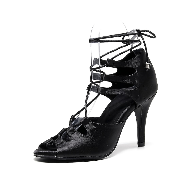 Women's Latin Shoes Ballroom Shoes Dance Boots Line Dance Party Performance Practice Satin Heel Ribbon Tie Solid Color Slim High Heel Lace-up Buckle Black Red