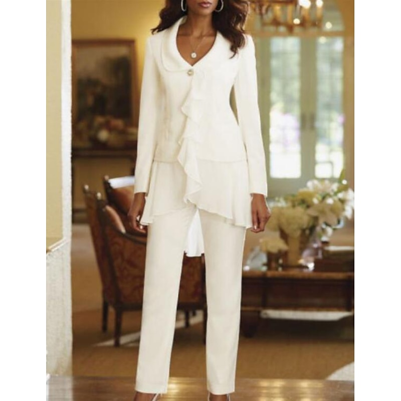 Two Piece Pantsuit Mother of the Bride  Wedding Guest Elegant Plus Size V Neck Floor Length Chiffon Long Sleeve with Ruffles