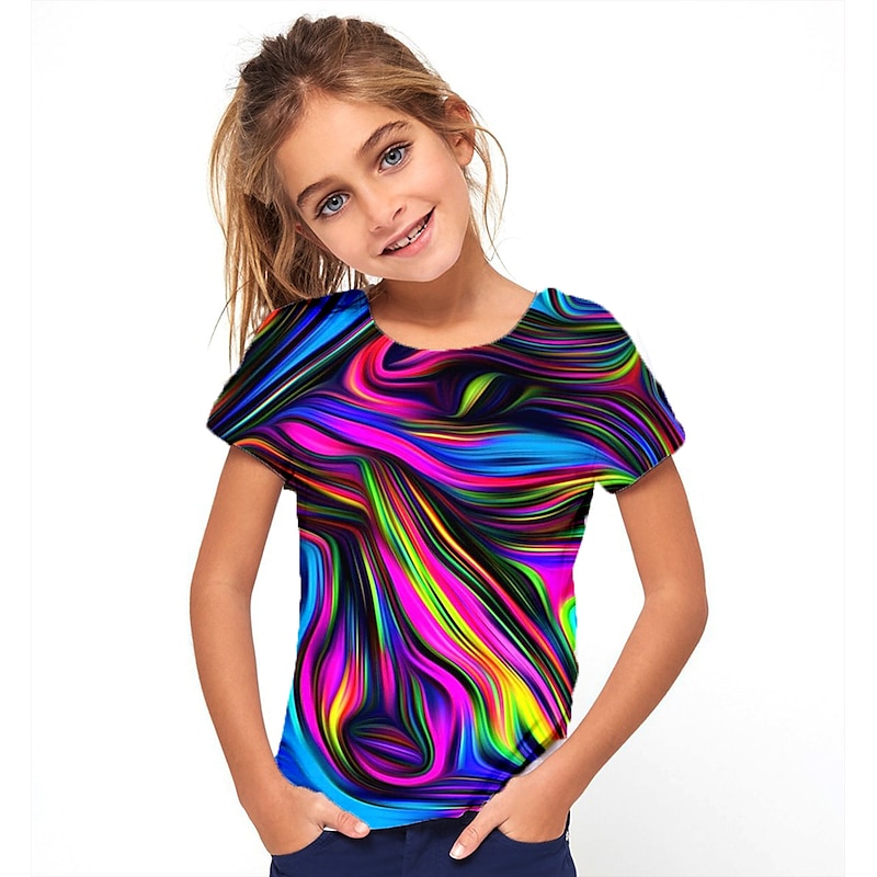Girls' 3D Graphic Geometric Color Block T shirt Tee Short Sleeve 3D Print Summer Sports Fashion Streetwear Kids Athletic2