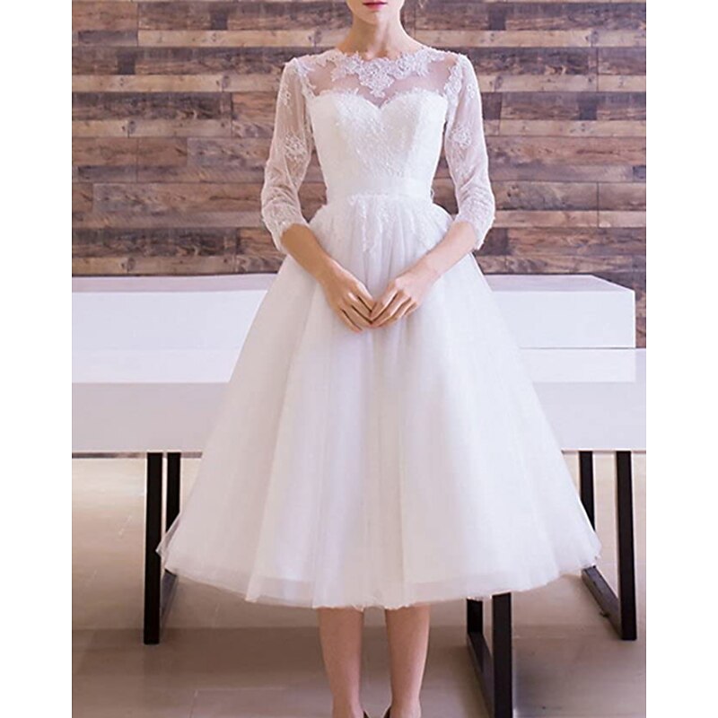Reception Vintage 1940s / 1950s Little White Dress Bridal Shower Dresses Wedding Dresses A-Line Illusion Neck 3/4 Length Sleeve Tea Length Lace Bridal Gowns With Sashes / Ribbons Appliques3