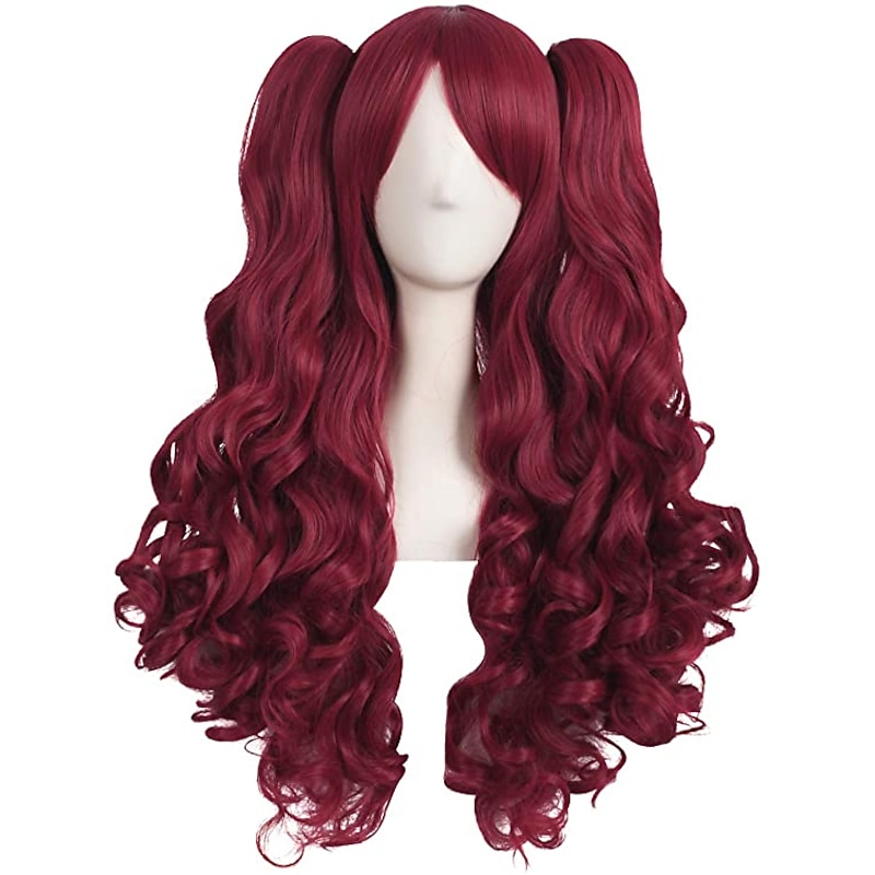 Ponytail Wig Synthetic Wig Curly Wavy With Bangs Wig Long Light golden Violet Pink Light Blonde Dark Brown Wine Red Synthetic Hair 28 inch Women's Anime Cosplay Creative Blue Purple Halloween Wigs4