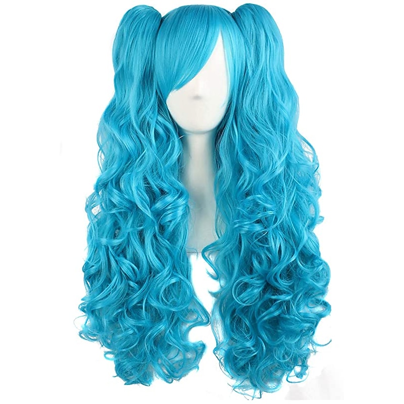 Ponytail Wig Synthetic Wig Curly Wavy With Bangs Wig Long Light golden Violet Pink Light Blonde Dark Brown Wine Red Synthetic Hair 28 inch Women's Anime Cosplay Creative Blue Purple Halloween Wigs3