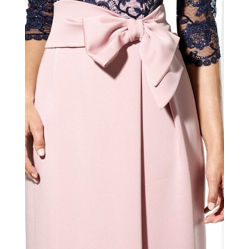 Sheath Mother of the Bride Dress Wedding Guest Elegant Jewel Neck Floor Length Satin Lace 3/4 Length Sleeve with Bow(s)2