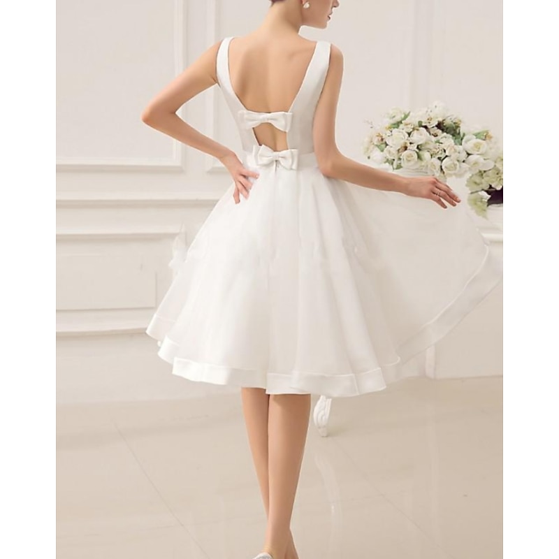 Reception Vintage 1940s / 1950s Little White Dress Bridal Shower Dresses Wedding Dresses A-Line Scoop Neck Sleeveless Knee Length Satin Bridal Gowns With Bow(s)2