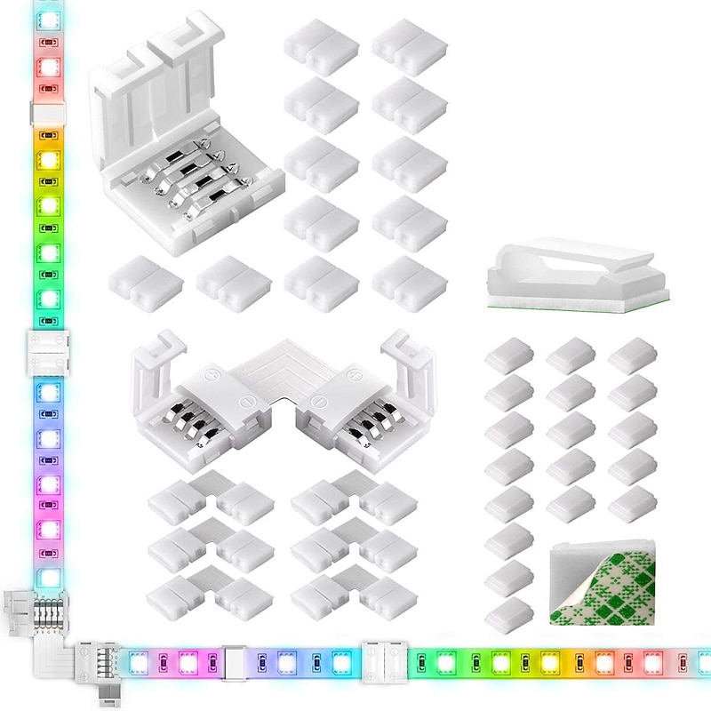 LED Light Strip Connectors 10mm Unwired 4 Pin RGB LED Lights Connectors kit 12 Gapless Connectors 6 L Shape Connectors for SMD 5050 Multicolor LED Strip 5V-24V