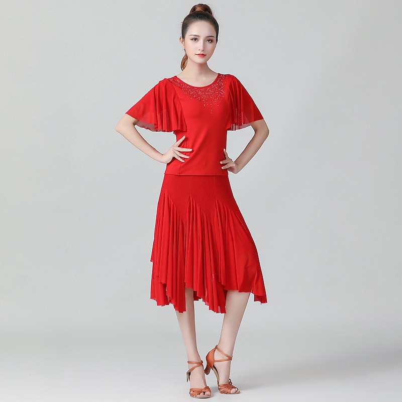 Latin Dance Skirts Cascading Ruffles Ruching Split Joint Women's Performance Training Short Sleeve Natural Polyester4