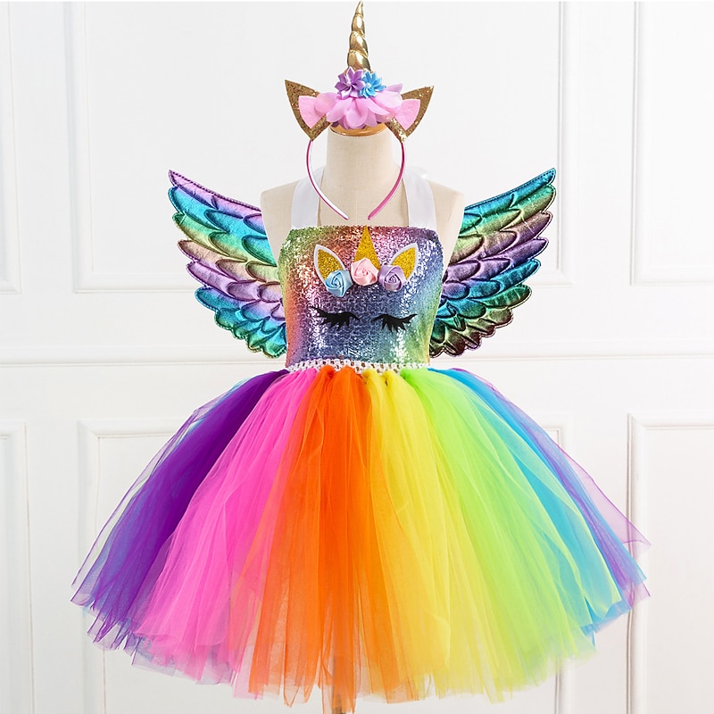 Unicorn Dress Wings Headband Girls' Movie Cosplay Dance Tight Tutus Vacation Dress Golden Blue Rainbow Dress Wings Headwear Halloween Carnival Princess World Book Day Costumes2