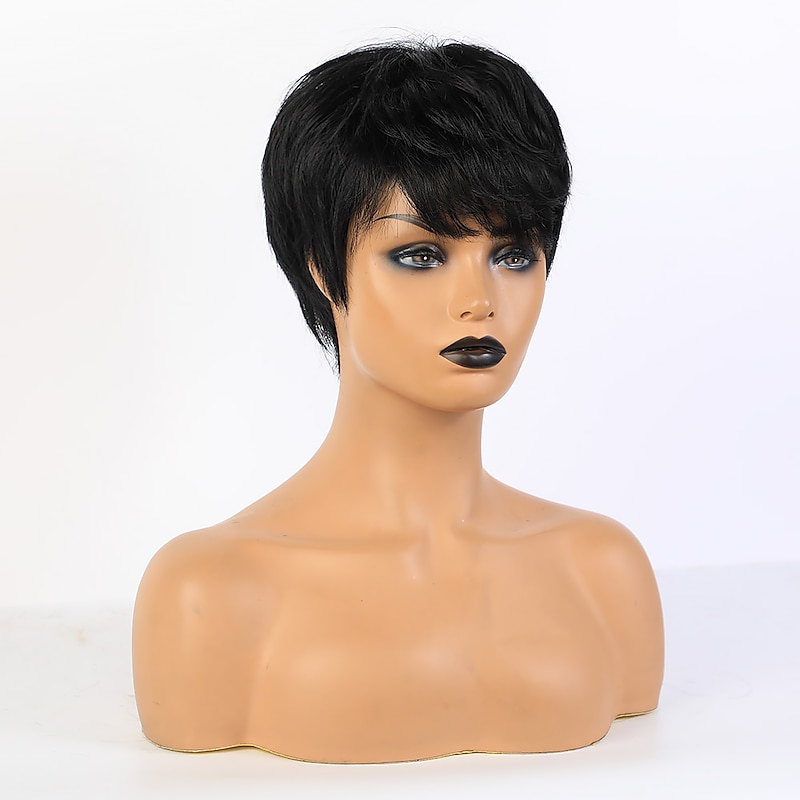 Remy Human Hair Wig Short Straight Natural Straight Bob Pixie Cut Side Part Layered Haircut Black Brown Women Fashion Natural Hairline Capless Women's All Natural Black #1B Medium Auburn#30 Medium4